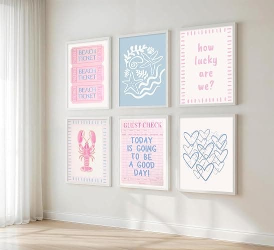 Pink Blue Beach Preppy Wall Art Coastal Granddaughter Aesthetic Summer Picture Wall Decor Trendy Beach Ticket Starfish Poster Lucky Heart Painting Print Artwork for Girly Room Dorm Apartment, Unframed thumbnail 6