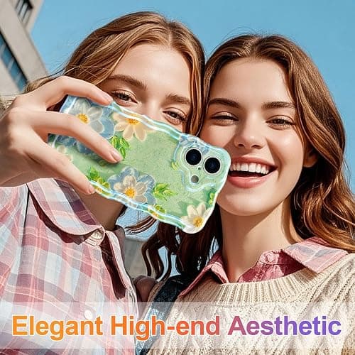 EYZUTAK Case for iPhone 17, Colorful Retro Oil Painting Flower Laser Glossy Pattern Cute Curly Wave Edge Exquisite Phone Cover Stylish Durable TPU Protective Case for Girl Women - Blue White thumbnail 7