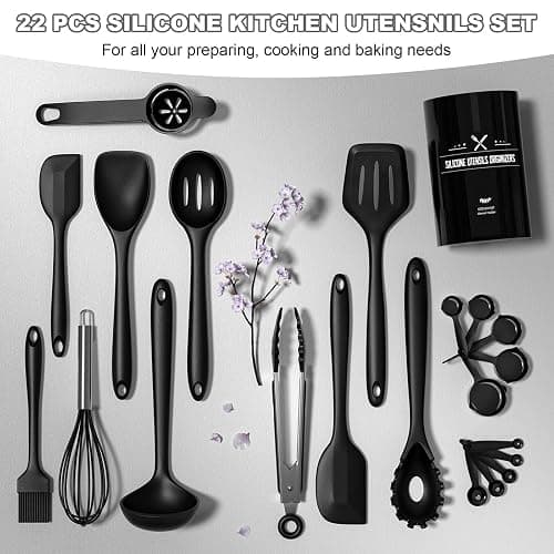 Umite Chef 22-Piece Silicone Cooking Utensils Set，Heat Resistant & Dishwasher Safe Kitchen Tools, Black Non-Scratch Spatula Set for Nonstick Cookware (Black) thumbnail 5