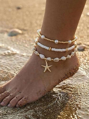 Starfish Shell Ankle Bracelets Summer Pearl Beach 14k Gold Beaded Hawaiian Dainty Anklet for Women thumbnail 5