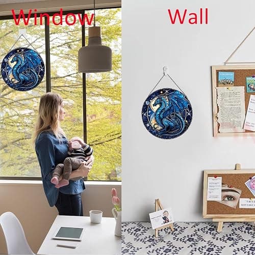Payutou Celestial Dragon Pattern Suncatcher Stained Glass,Hanging Stained Glass for Windows,20cm/7.87inch Sun Catcher Garden Hangings Ornaments Halloween Fall Christmas Decor for Home thumbnail 2