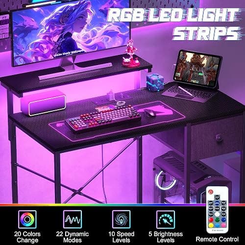 X-cosrack 33.5" Small Gaming Desk with LED Lights & Power Outlets, Drawers | Computer Desk with Fabric Drawer & Side Hook, Reversible Table with Monitor Stand for Game Room, Bedroom, Carbon Fiber Black thumbnail 6