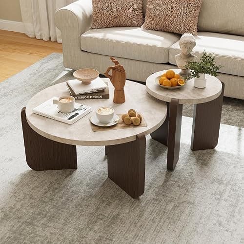 COSIEST Modern Round Coffee Table & Side Table Set, Faux Marble Wood Top, Walnut & Cream White Legs, Minimalist Living Room Center & Accent Table(2 PCS) - Image 1