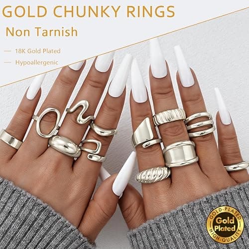 17 MILE Chunky Gold Stackable Rings for Women Non Tarnish, 18K Gold-Plated Statement Open Stacking Rings, Knuckle Band Ring Set thumbnail 3