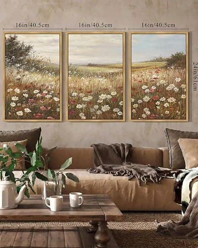 SHENIFY Vintage Framed Wall Art Meadow with Flowers Landscape Scenery Home Decor Retro Wildflower Field Decorations for Bedroom Ready to Hang Wall Artwork - 16x24in3pcs Natural Framed thumbnail 2