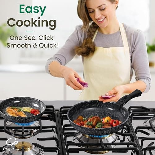 Chef Power Ceramic Nonstick Cookware Set 19 Piece with Detachable Handle, Induction Dishwasher Oven Safe Pans and Pots Set, RV Kitchen Set Removable Handle, Rock Stone Black thumbnail 2