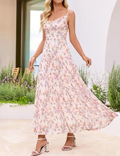 ZESICA Women's Summer Floral Sleeveless Maxi Dress 2026 Boho Mesh Beach Wedding Guest Spaghetti Strap Flowy Long Dresses thumbnail 3