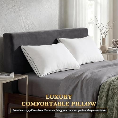 Homotive Feather Pillows Queen Size Set of 2 Goose Down Pillows with 100% Breathable Cotton Cover, Hotel Collection Bed Pillows for Sleeping, Soft Support for Back, Stomach and Side Sleepers thumbnail 2