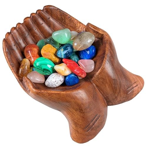 Curawood Carved Hands Offering Bowl - Crystal Holder for Stones, Rock Collection Holder, Crystal Display Storage Tray, Wooden Hands Bowl for Keys - Rock Display Case for Shelf, Stand, Altar Decor (M) - Image 1