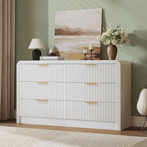 Decofy Fluted 6 Drawers Dresser for Bedroom, 55 Inch Wood Dressers with Gold Handles, Modern Dressers with Wave Texture, Large Storage Chest of Drawers, Bedroom Dresser Organizer (Pure White) thumbnail 3