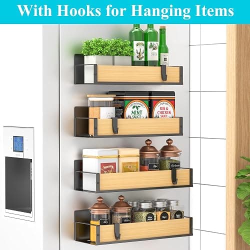 HuggieGems 4 Pack Magnetic Spice Storage Rack Organizer for Refrigerator and Oven, Wood Fridge Organizers and Storage thumbnail 3