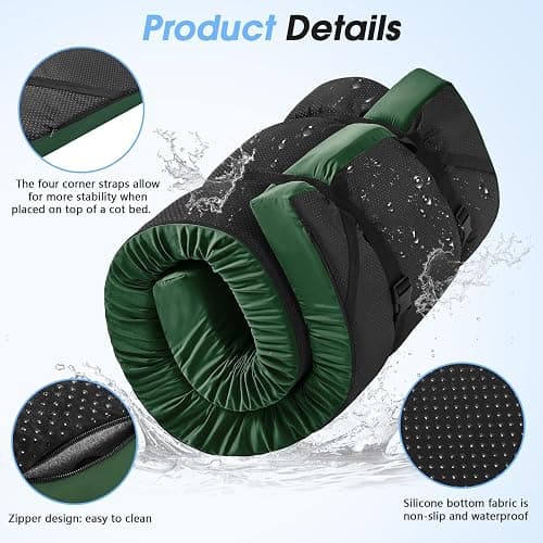 CYMULA Memory Foam Camping Mattress Pad,3inch Sleeping Pad for Camping,Non-Slip Bottom Floor Cot Car Mattress Bed with Retaining Portable Roll up Mattress Pad Mat for Travel Truck Guest Bed Tent thumbnail 3
