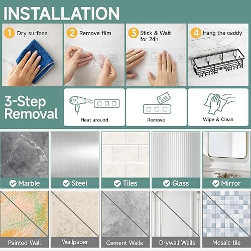 Veken Shower Caddy 6-Pack, Bathroom Organizers and Storage Shelves, Black | Advanced Rustproof Design, Large Capacity, No Drilling, Adhesive Rack with Soap Holder, Wall-Mounted Kitchen & Home Decor thumbnail 9