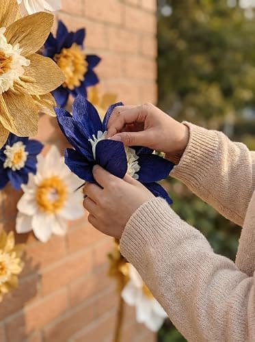 Mybbshower Crepe Paper Flower for Wall Paper Pom Pom Decor Girls Birthday Party Backdrop Baby Shower Nursery Decoration Pack of 9 (Navy Blue Gold) thumbnail 8