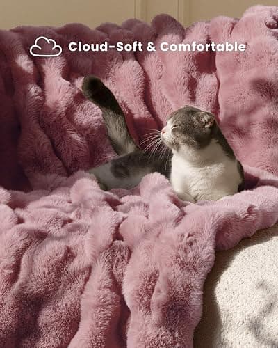 blunique Ultra Soft Cozy Faux Fur Throw Blanket, Fuzzy Plush Thick Bubble Blanket, Oversize Luxury Fluffy Blanket for Couch, Sofa, Bedroom, and Living Room,50x60 Inches,Pink thumbnail 3