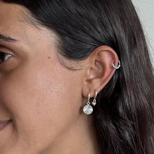 Handmade Silver Pair Small 10MM Cartilgae Helix Piercing Beaded Hoop Earrings, 925 Sterling Silver, Thin 22Gauge Turquoise Color Beads Hoops for women, By Miya Jewelry Creations thumbnail 5