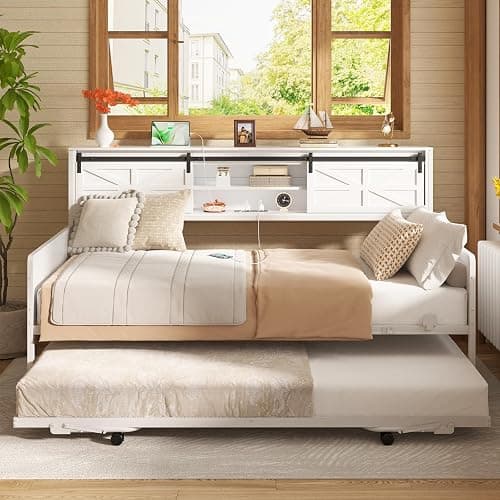 Homieasy Daybed with Trundle, Farmhouse Twin Day Bed with Bookcase Headboard and Charging Station, Heavy Duty Metal Sofa Bed Frame with Pop-up Trundle Bed for Living Room, Bedroom, White - Image 1