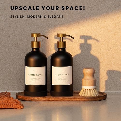 Hand and Dish Soap Dispenser for Kitchen and Bathroom, Set of 2 16 Oz Glass Bottles, Stainless Steel Pumps, Non-Slip Silicone Base, 27 Waterproof Labels (Matte Black Bottle/Brushed Gold Pump) thumbnail 2