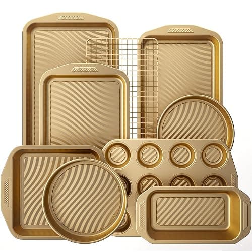 HONGBAKE 9-Piece Nonstick Bakeware Set, Wave Texture for Easy Release, 0.8mm Thick Non-Toxic Baking Pans Set, Includes Stackable Cookie Sheets, Antique Gold - Image 1