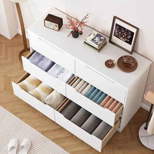 Gizoon 6 Drawer Double Dresser for Bedroom with Anti-Tip Design, White | Modern Wide Wooden Chest of Drawers with Cut-Out Handles, Closet Storage Organizer and TV Stand for Living Room, Hallway thumbnail 4