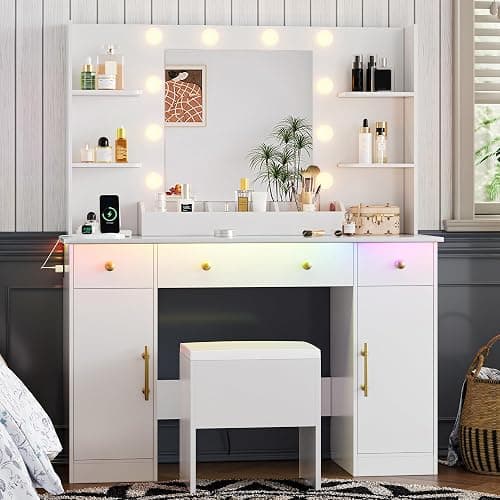 Xixini Vanity Desk with Mirror and Lights, 43'' White Makeup Dressing Table Set with 5 Drawers & Chair, Power Outlet, 3 Lighting Modes Adjustable Brightness & RGB LED for Women Girls Bedroom Bathroom thumbnail 7