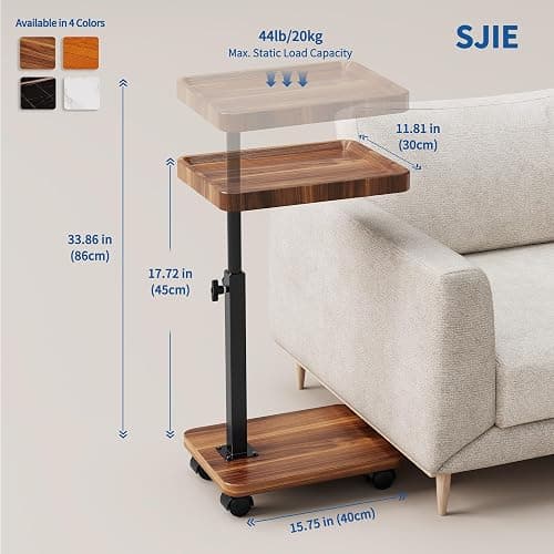SJIE C Table End Table Adjustable Height, 360°Swivel TV Tray Table for Small Spaces, Side Tables with Wheels for Living Room and Bedroom, Bed (Walnut) thumbnail 2