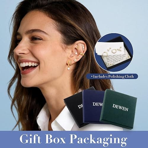 DEWEN Hypoallergenic Flat Back Earrings Set for Women | Cartilage Earrings Stacks | 14K Gold Plated Surgical Steel Studs | Hoop Earring Sets for Women | Small Helix Flatback Studs for Ear Piercing thumbnail 6
