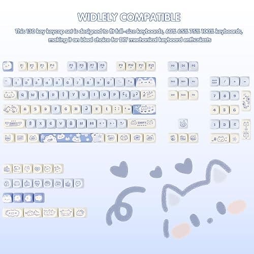 COOMICKEY PBT Keycaps - Cute Keycaps Blue White 60 65 75 100 Percent, Kawaii Anime Cat Key caps Custom 130 Keys, MOA Profile for 61/68/84/87/98/100 Cherry Gateron MX Mechanical thumbnail 2