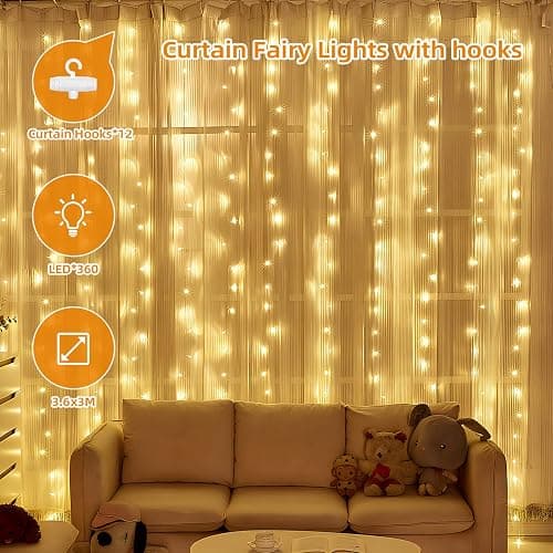 Jsdoin Lichtervorhang,3.6x3m 360leds Lichterketten Vorhang Lichterkettenvorhang 8 Modi mit Timer für Lichterkette Fenster Innen Außen Deko,Weihnachten Party, Zimmer, Schlafzimmer, Hochzeit (Warmweiß) thumbnail 2