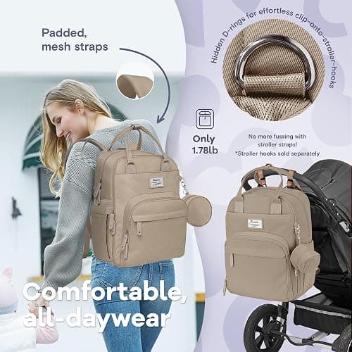 RUVALINO Diaper Bag Backpack-Multifunction Baby Travel Bag with Changing pad, Insulated Bottle Holders & Pacifier Case, Large Capacity, Waterproof, Clay thumbnail 5