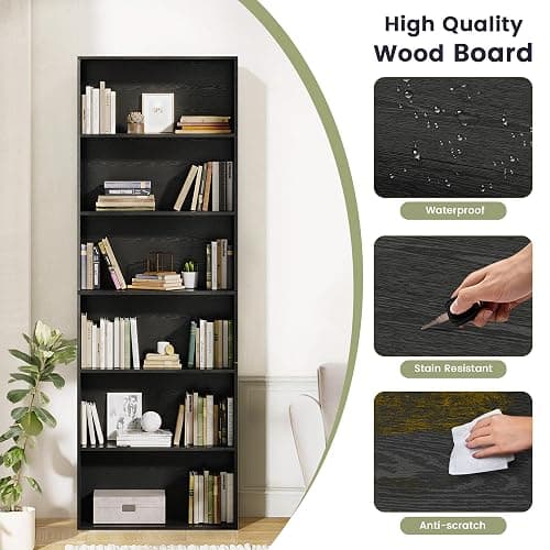 GRUSIGN 71" Tall 6-Tier Bookshelf, Large Open Display Bookcase with Ample Storage, Floor Standing Book Shelf for Living Room, Home Office, Bed Room, Black thumbnail 5