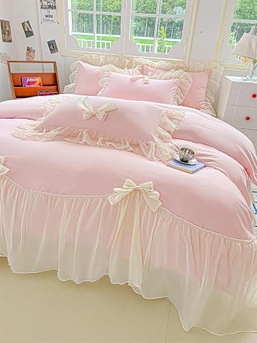 SOUKECHY Girls Lace Bedding,Pink Full Comforter Cover Set, Chic Ruffled Duvet Cover with Lovely Bow,Princess Style 1 Duvet Cover with 2 Pillowcases, No Comforter-Pink,Full Size thumbnail 8