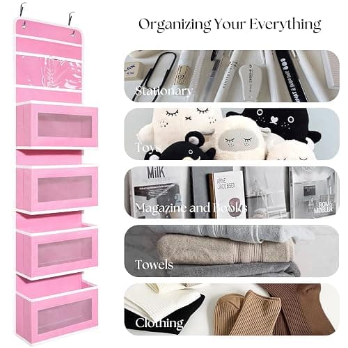 Over Door Organizer with 4 Large Capacity Pockets, Hanging Organizer Storage for Closet Bathroom Nursery Bedroom Dorm, Toys Cosmetics Sundries and Baby Essentials, Pink thumbnail 6