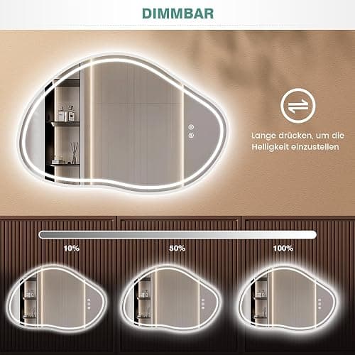 PESENXAN Badspiegel mit Beleuchtung 80x53cm, Asymmetrischer Spiegel mit Beleuchtung 3 Lichtfarben Dimmbar, Touchschalter, LED Spiegel Bad IP44 Energiesparend Für Badezimmer thumbnail 4