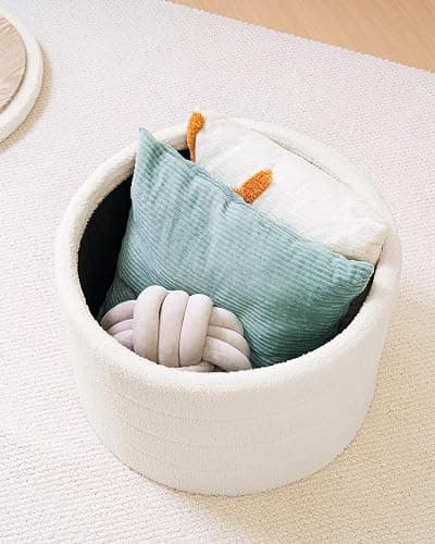 B FSOBEIIALEO Ottoman with Stroage, Round Sherpa Storage Ottoman Stool, Boucle Foot Rest22 x 22"x15.75" (White) thumbnail 4