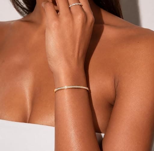 Ruvel 18K PVD Gold Plated Cubic Zirconia Bangle Bracelet for Women, Trendy, Minimalist, Dainty Thin Bangles, Waterproof, Stainless Steel, Everyday Women Gift for Mom Sister Daughter Girlfriend thumbnail 2