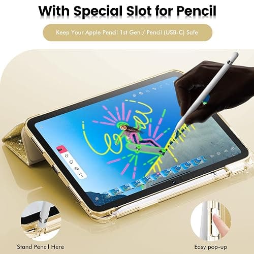 INFILAND Compatible with iPad A16 11th Generation 11 Inch 2025 Case, iPad Case 10th Generation 10.9 Inch, Glitter Cover with Sparkly Clear Back, Pencil Holder, for Kids Girls (Golden Yellow) thumbnail 5