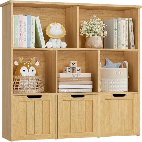 FOTOSOK Toy Storage Organizer with 3 Movable Drawers, Floor Storage Cabinet Toy Chest with Hidden Wheels and 5 Storage Cubbies, Multifunctional Storage Chest for Playroom, Natural thumbnail 7