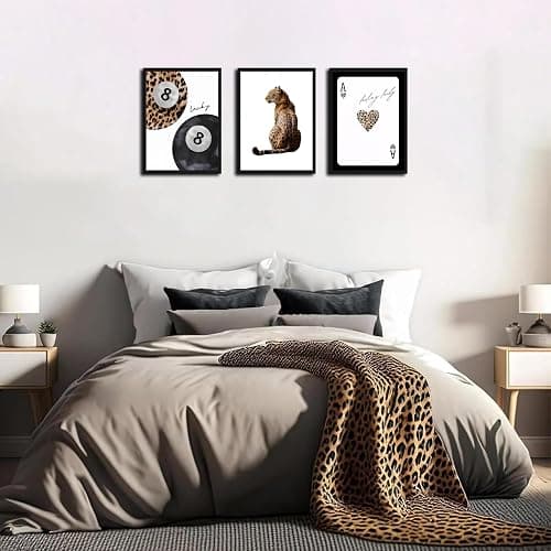 Framed Trendy Leopard Wall Art Set of 3, Funky Preppy Cheetah Wall Decor Paintings, Fashion Lucky 8 Posters Prints Pictures for Living Room Bedroom Dorm 12x16 Inch Black Wood Frame thumbnail 5