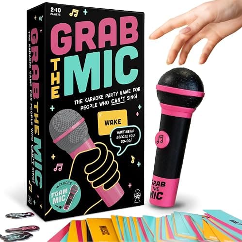 Lucky Egg Official Grab The Mic – Family Karaoke Board Game w/Foam Mic, 8+ Ages, 2-10 Players - Games for Bad Singers w/ 250 Lyrics (125 Cards) (Second Edition) - Image 1
