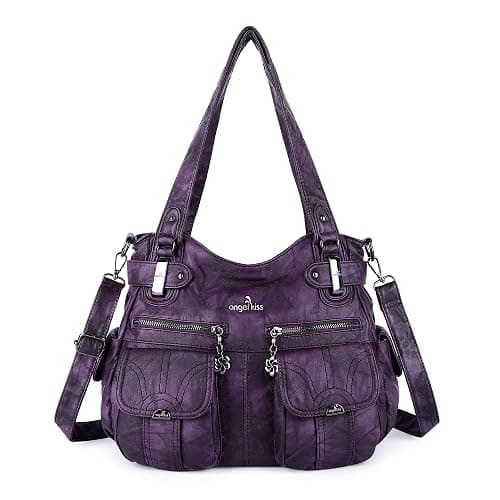 Angel Kiss Women's Designer Handbag Large Double Zipper Multi Pocket Washed Leather Purse - Image 1