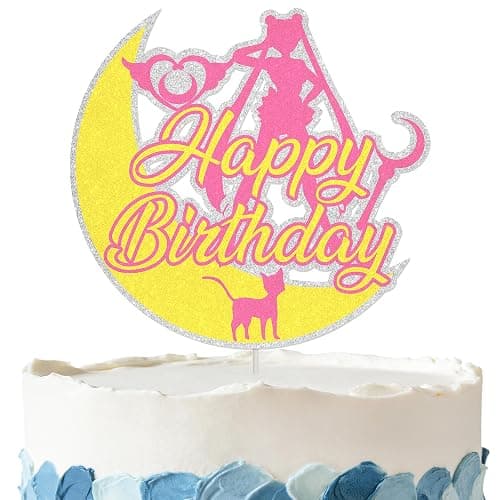 Moon Cat Birthday Cake Topper - Glitter Moon Girls Sailor Party Decorations for Birthday Party Supplies - Image 1