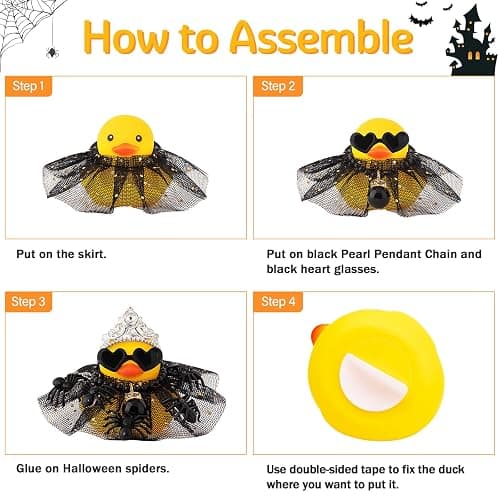 wonuu Halloween Rubber Duck Tiny Spider Car Ornaments Duck Car Dashboard Decorations for Cute Car Accessories with Dress Heart Shape Sunglasses, Black Sparkly Skirt thumbnail 3