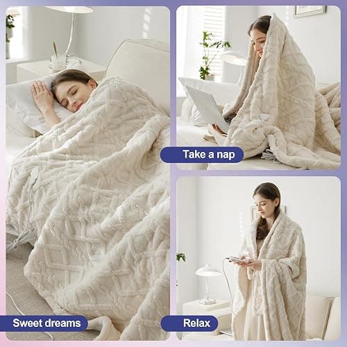 XINIUSLEEP Heated Blanket Electric Blanket 50"x60", Soft Taffeta Sherpa Electric Throw with 5 Heating Level & 1-12 Hour Auto Off, Heated Throw with Overheating Protection, Machine Washable (Beige) thumbnail 6