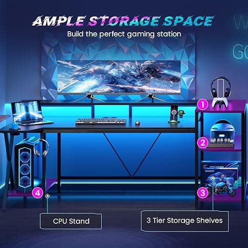 SEDETA Gaming Desk 70.8'' with LED Lights and Storage Shelves, Computer Desk with Monitor Stand, Power Outlets and Cup Holder, Large PC Gamer Desk, Gaming Table for Bedroom, Living Room, Black thumbnail 9