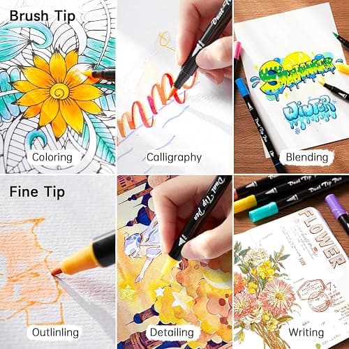 Shuttle Art Dual Tip Brush Pens, 96 Colours Fine and Brush Tip Markers Set with Pen Holder & 1 Colouring Book, Felt Tip Colouring Pens for Adults and Children Colouring Calligraphy Journal Doodling thumbnail 5