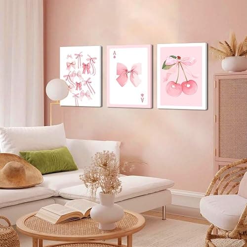 Trendy Pink Bows Canvas Wall Art Set of 3, Vintage Preppy Cherry Posters Prints, Pink Girly Room Aesthetic Wall Decor Painting for College Apartment Living Room Bedroom 12x16 In Framed thumbnail 5