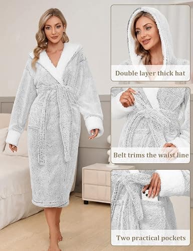 Uikue Long Bath Robe for Womens - Plush Soft Fleece Spa Bathrobes Cozy Warm Nightgown Ladies Pajamas Sleepwear with Pockets thumbnail 2