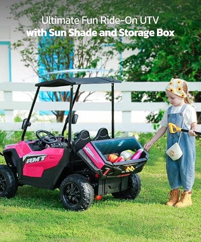 ELEMARA 24V Ride on Toy for Big Kid,Ride on Car 2 Seater w/Sun Shade,Dump Bed & Shovel,4.5MPH,4WD Electric Car for Kids,Battery Car w/Remote,Kids Ride on Truck,3 Speeds,LED Lights,Bluetooth, Hot Pink thumbnail 3