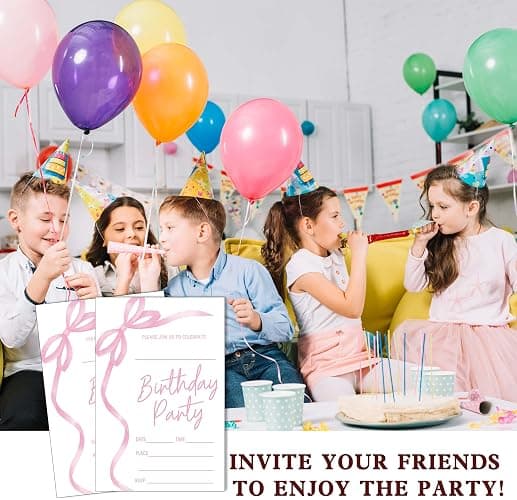 SIXEIGHT Pink Bow Birthday Invitations, Pink Ribbon Bow Birthday Party Invitations, 20 Party Invitations with Envelopes for Girls Boys, Birthday Party Favor & Decoration (4"x6")-A04 thumbnail 6